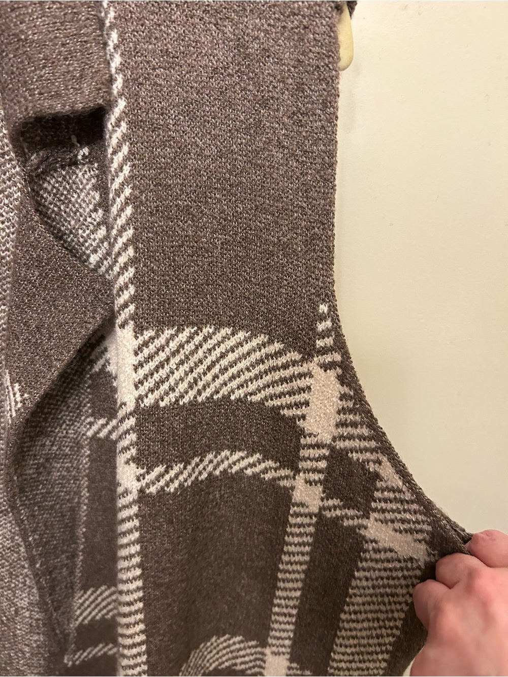 Maurices Brown and White Plaid Knit Sleeveless Cardigan Vest - Picture 3 of 7